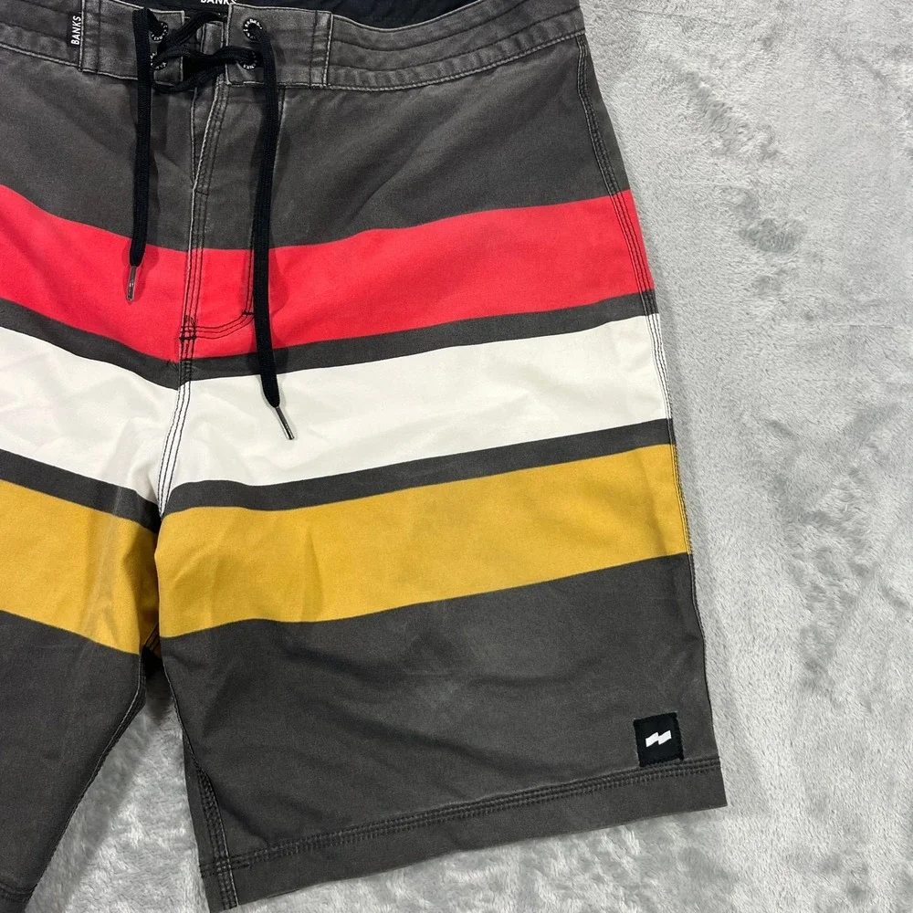 BANKS JOURNAL Board Shorts Mens 33 Charcoal Striped BS0093 Recycled Stretch
